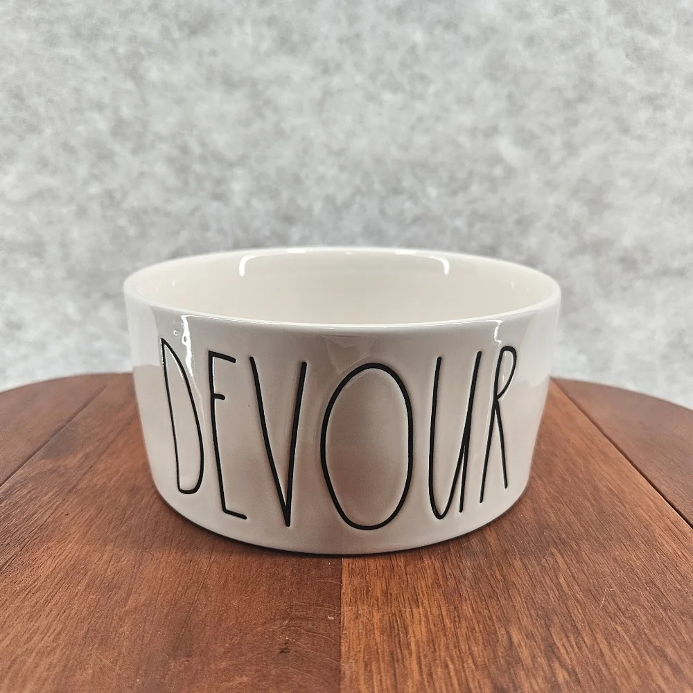 Rae Dunn Magenta DEVOUR Pet Bowl Dog Cat White Etched‎ Black Stoneware 6x2.75